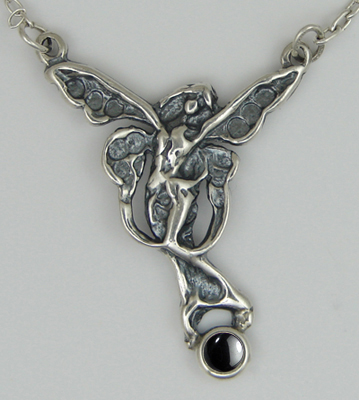 Sterling Silver Victorian Winged Fairy Necklace With Hematite
